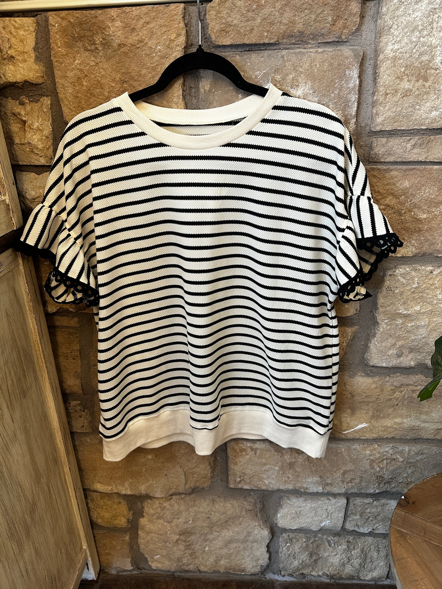 Black white stripe lace trim top