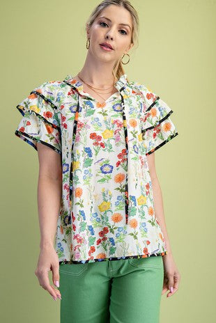 Floral Print Ruffle Sleeve Top