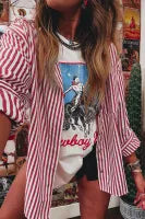 Red Stripe Patched Pocket Side Slit Loose Shirt