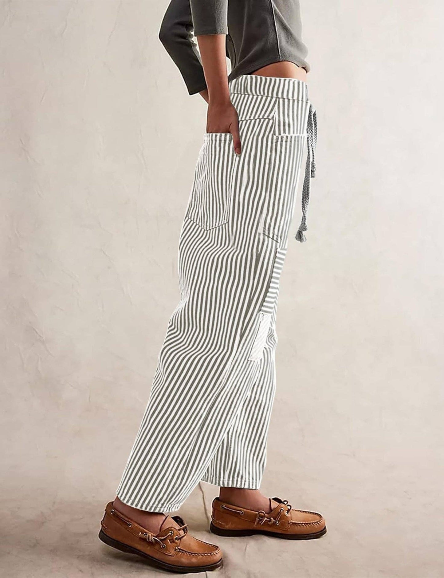 Casual Splice Striped Drawstring Wide Leg Pants