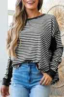 Black Stripe Thermal Knit Drop Shoulder Casual Top