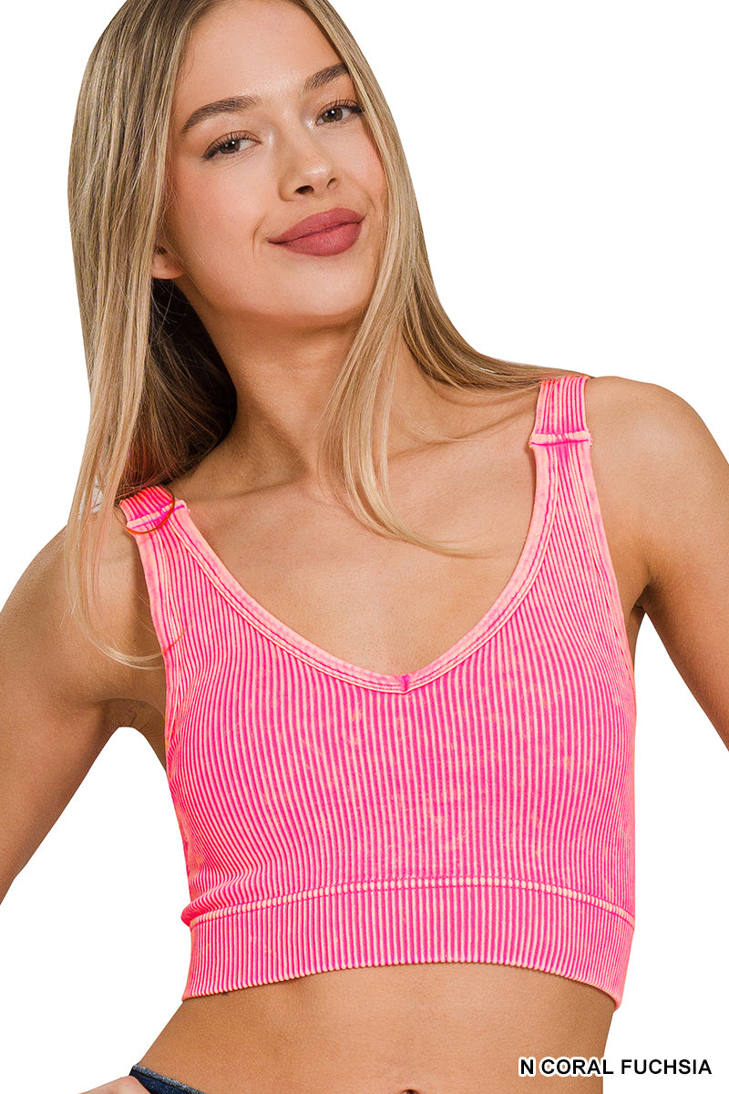 Coral Fuschia Ribbed V-Neck Cropped Tank