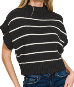 BLACK/WHITE Striped cropped mock neck sweater