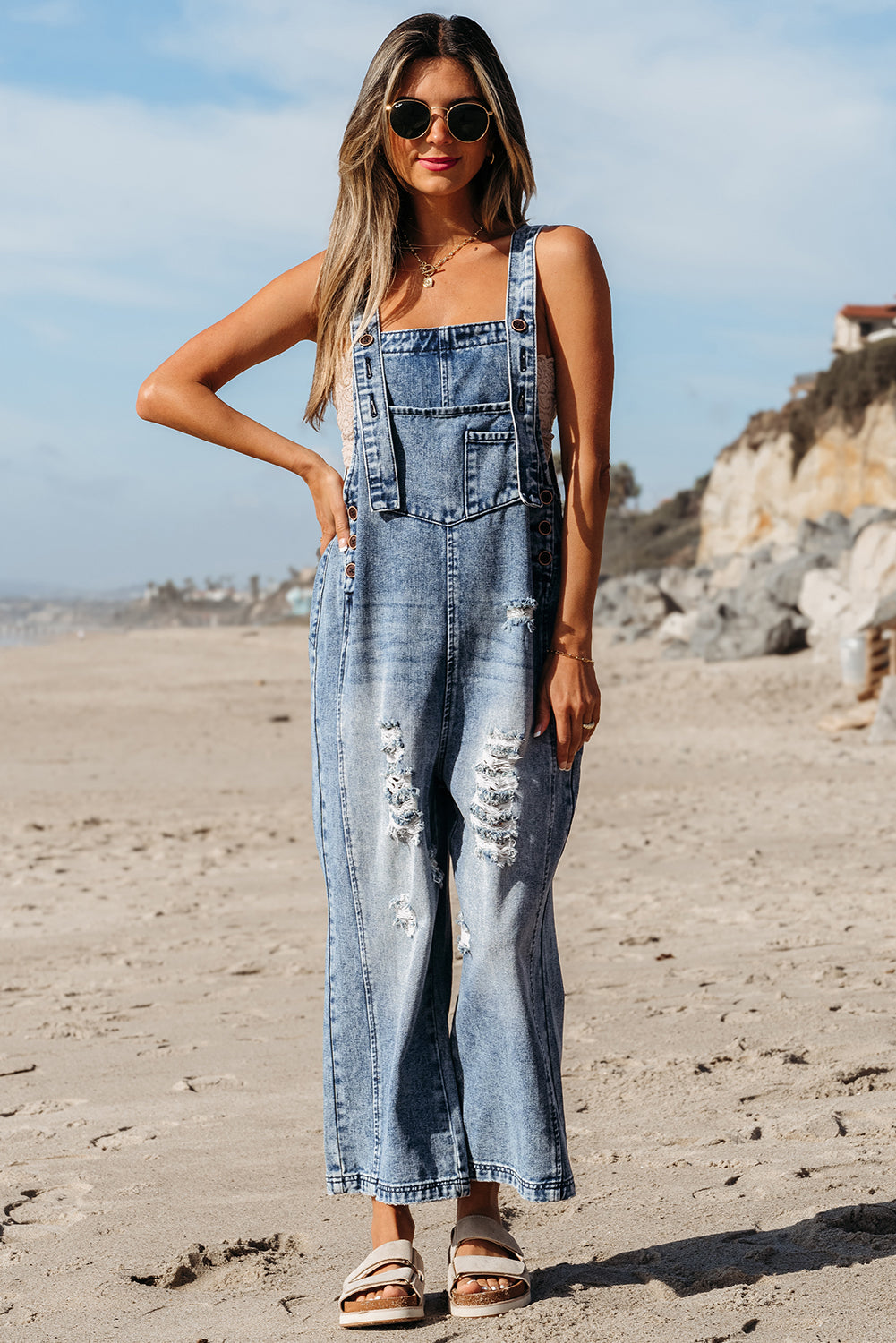 Blue Distressed Bib Pocket Wide Leg Denim Overall