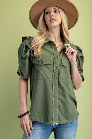 Olive ruffled Gathered Sleeve Linen Button Up Shirt