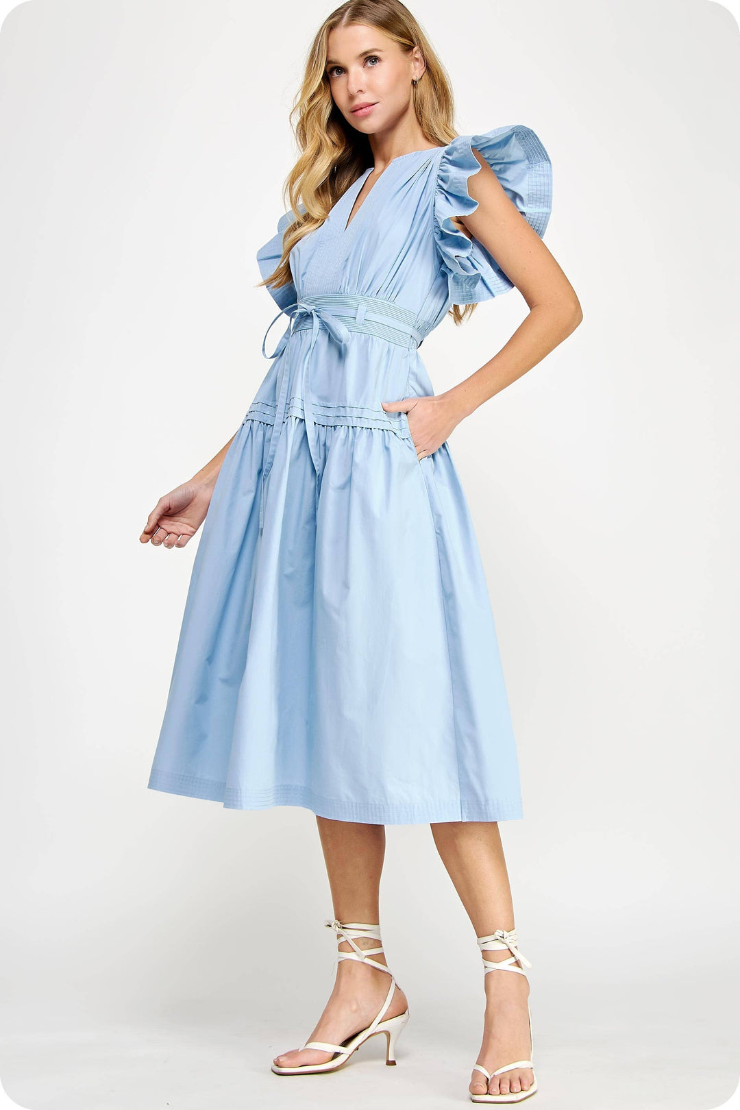 Chambray Flutter Sleeve Poplin Midi Dress