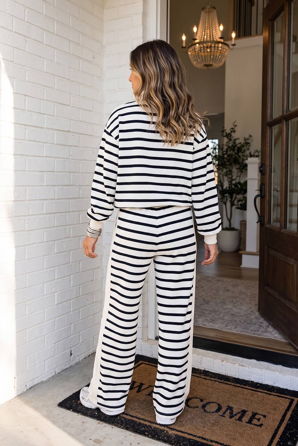 Striped Ribbed Cuff Mock Neck Pocket Pants Set