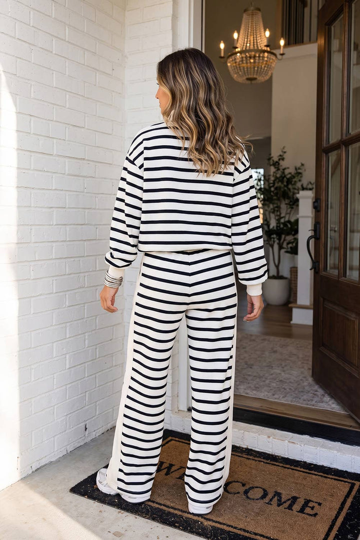 Striped Ribbed Cuff Mock Neck Pocket Pants Set