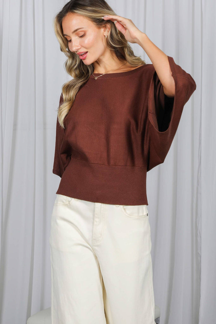 Flattering Batwing 3/4 Dolman Sleeve Knitted Sweater VT83572