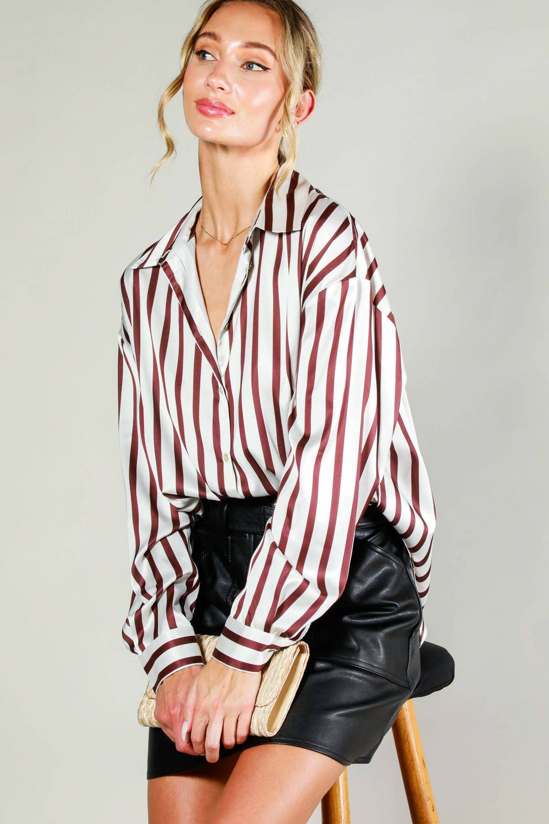 Collard Vertical Stripe Printed Satin Blouse Top