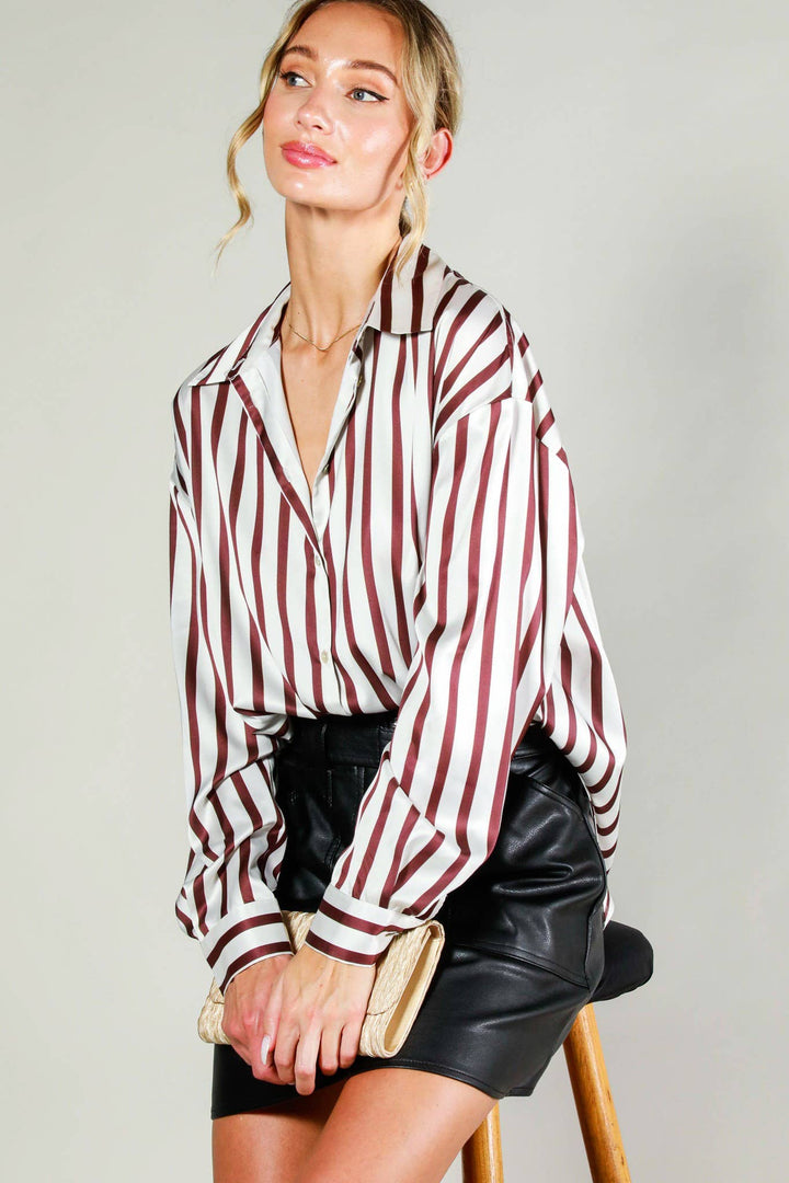 Collard Vertical Stripe Printed Satin Blouse Top