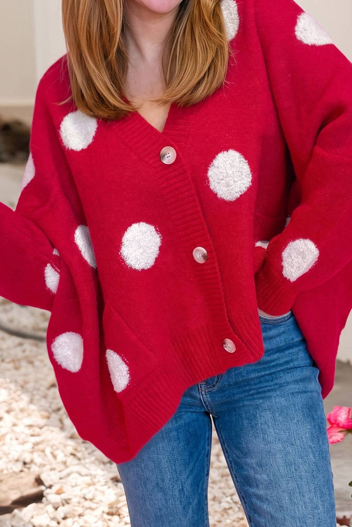 Polka Dot Button Front Oversized V Neck Cardigan