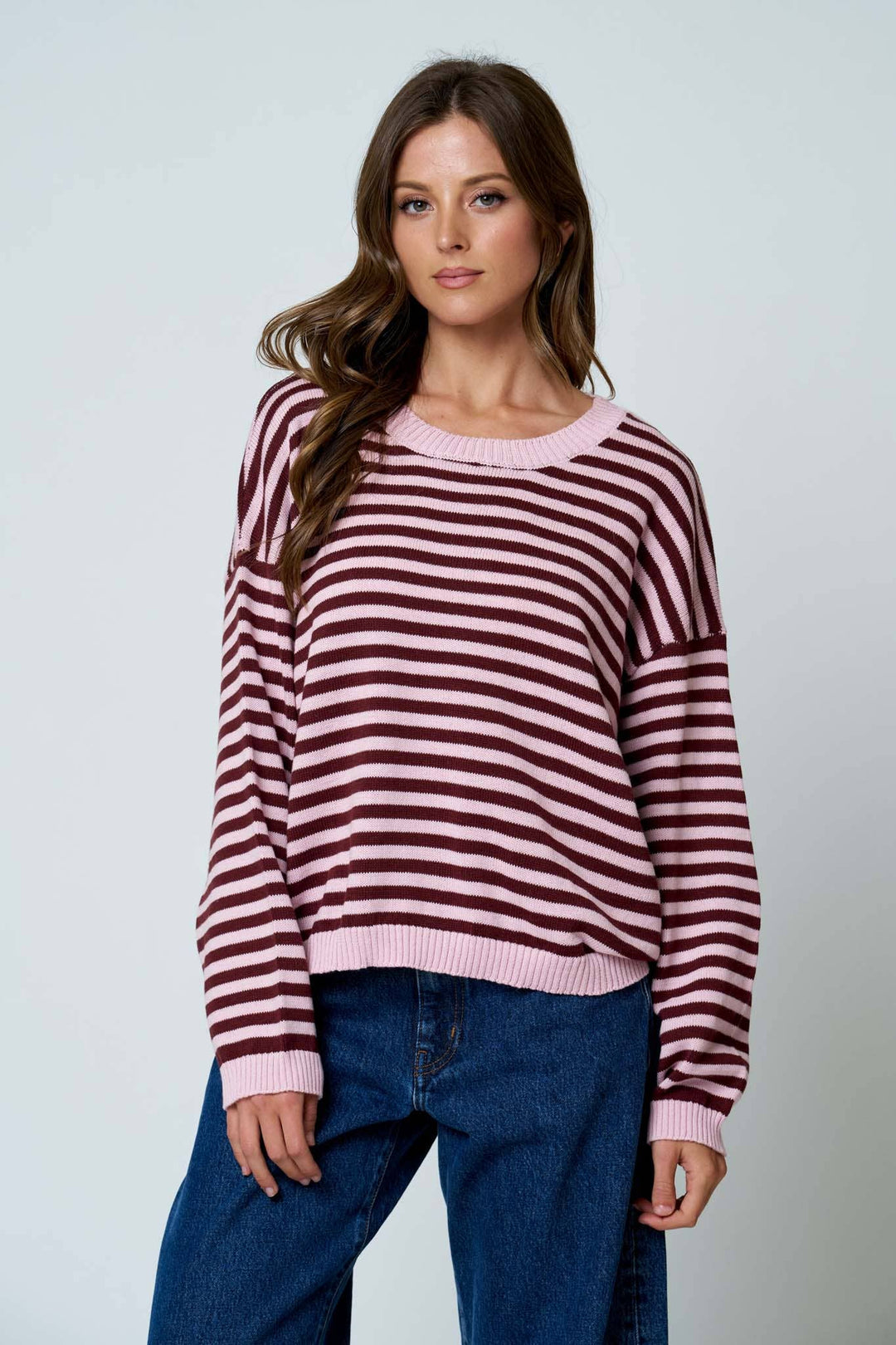 STRIPE RELAXED BACK BUTTON DETAIL KNIT SWEATER
