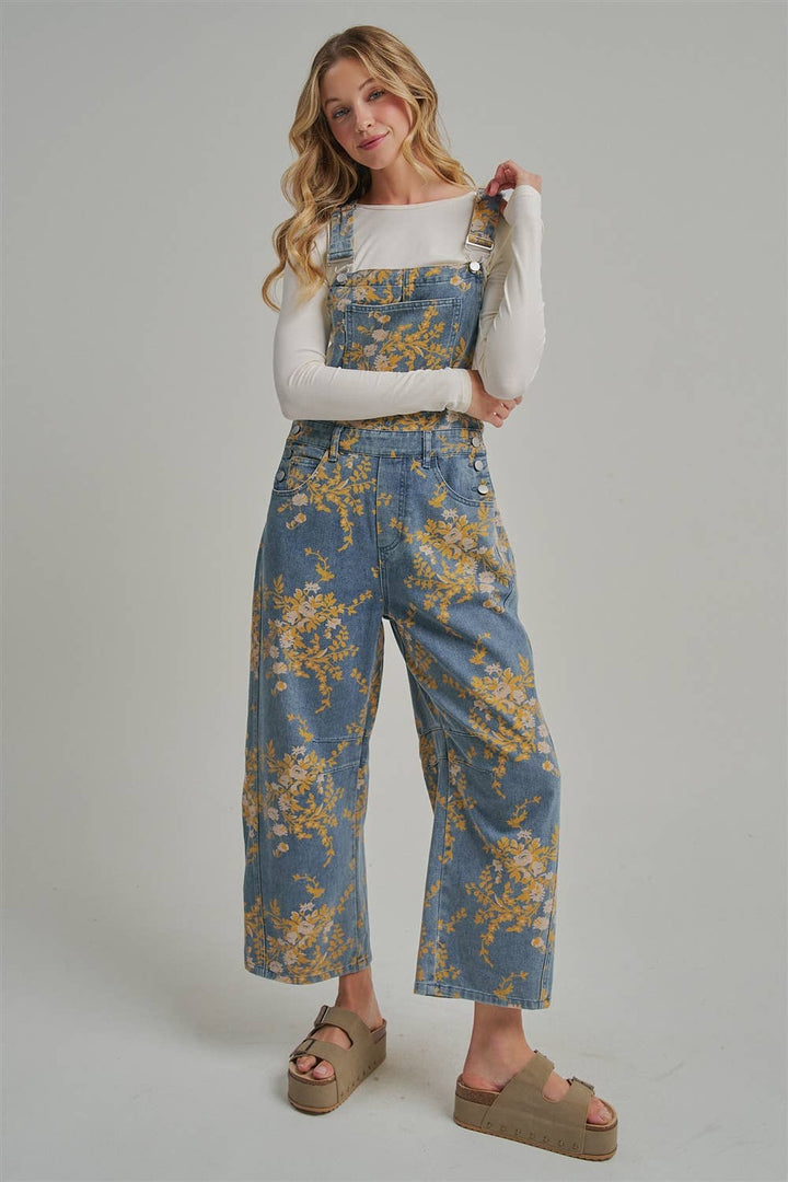 FLORAL PRINT DENIM OVERALL JUMPSUIT