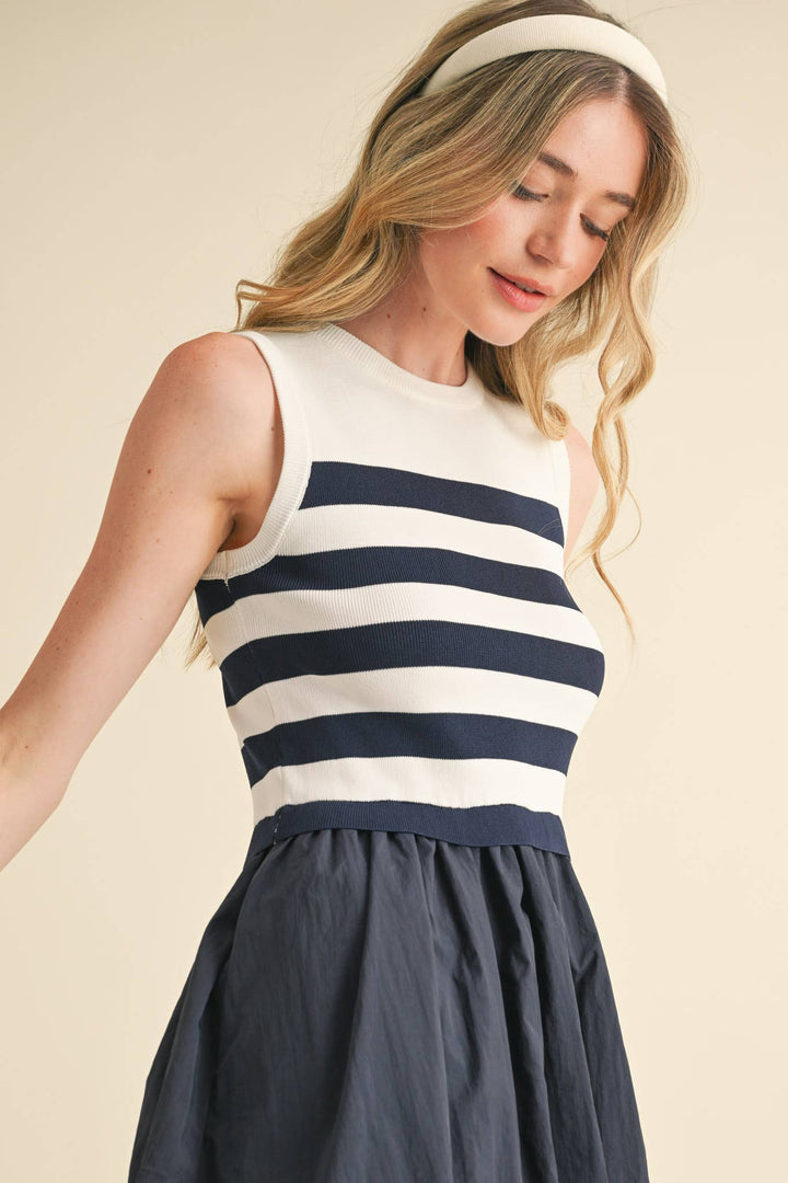 NAVY STRIPE BUBBLE HEM MINI DRESS