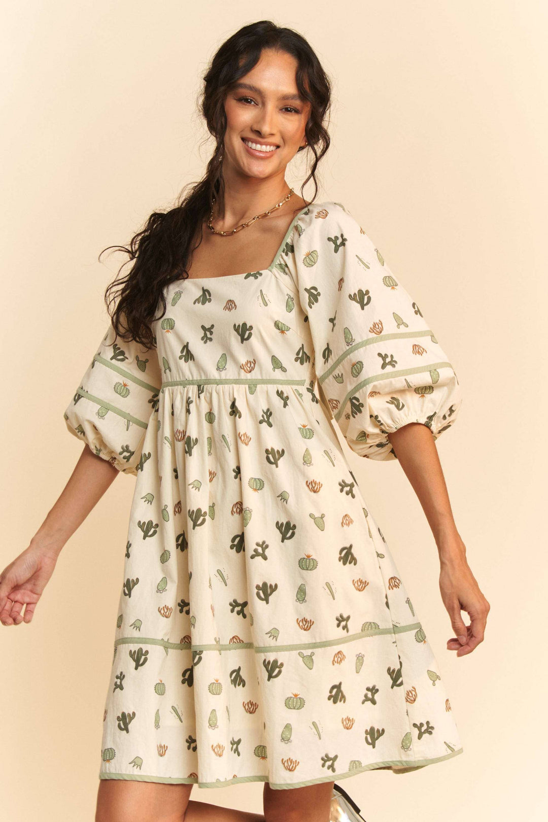CACTUS PRINTED POPLIN CONTRAST PIPING MINI DRESS