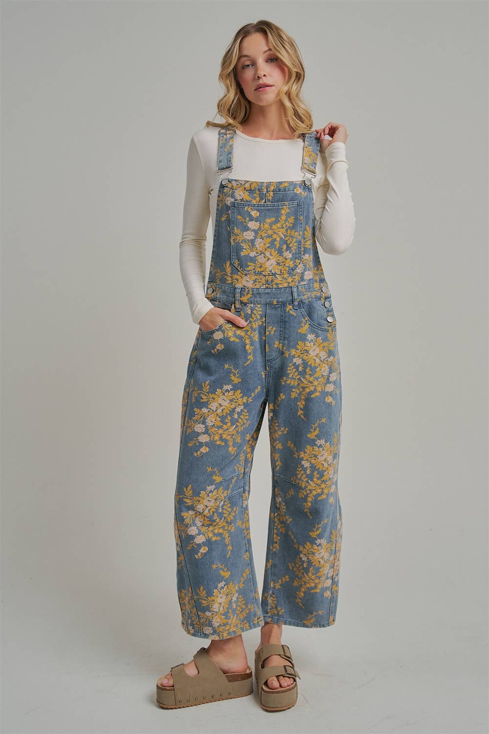 FLORAL PRINT DENIM OVERALL JUMPSUIT