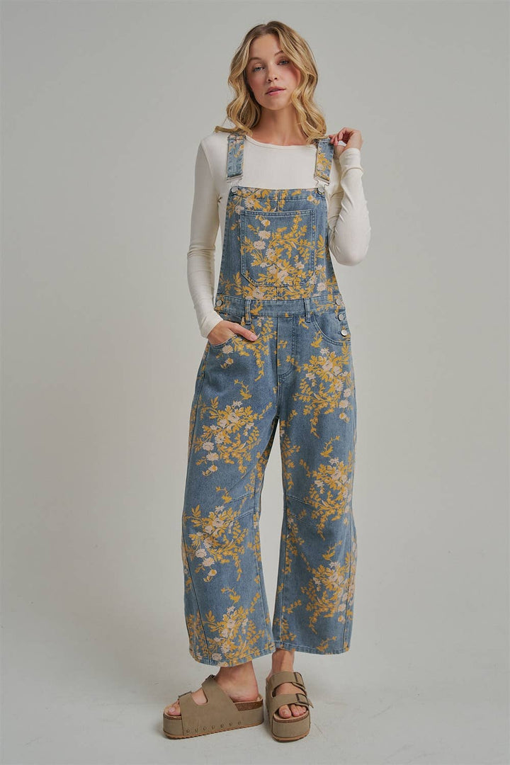 FLORAL PRINT DENIM OVERALL JUMPSUIT