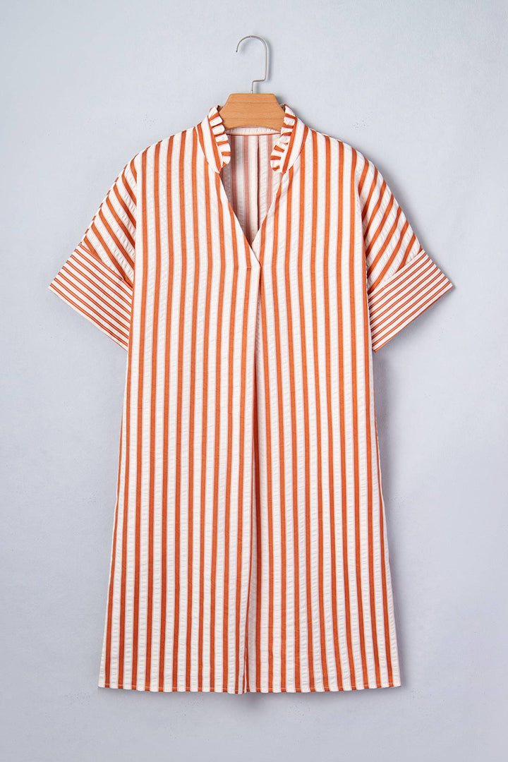 Stripe Pinched Turn-up Cuffs Shift Mini Dress