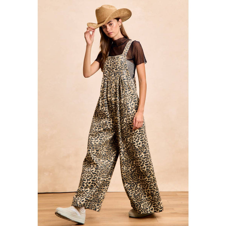 COTTON TWILL LEOPARD PRINT WIDE LEG OVERALLS