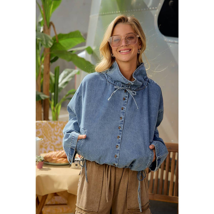 LIGHTWEIGHT WASHED DENIM DRAWSTRING HEM JACKET