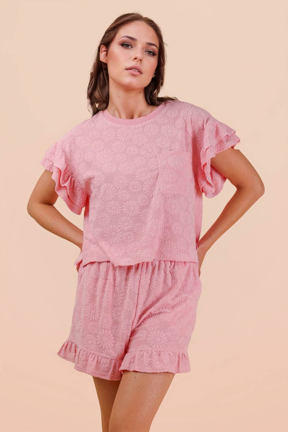 Floral Textured Ruffled Knit Top & Shorts Set
