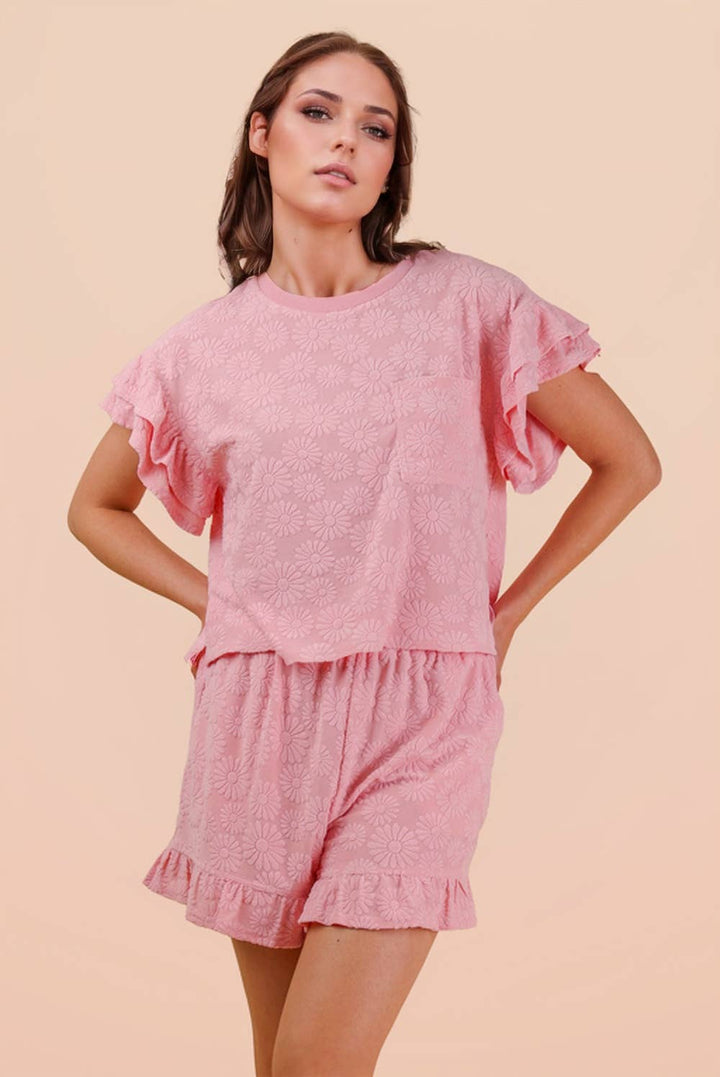 Floral Textured Ruffled Knit Top & Shorts Set
