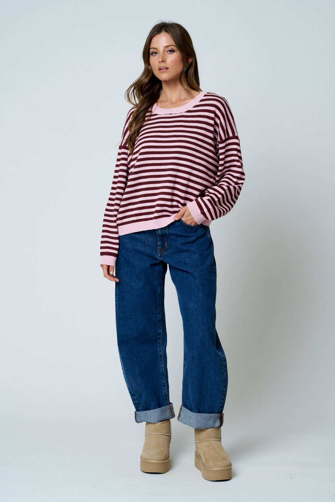 STRIPE RELAXED BACK BUTTON DETAIL KNIT SWEATER