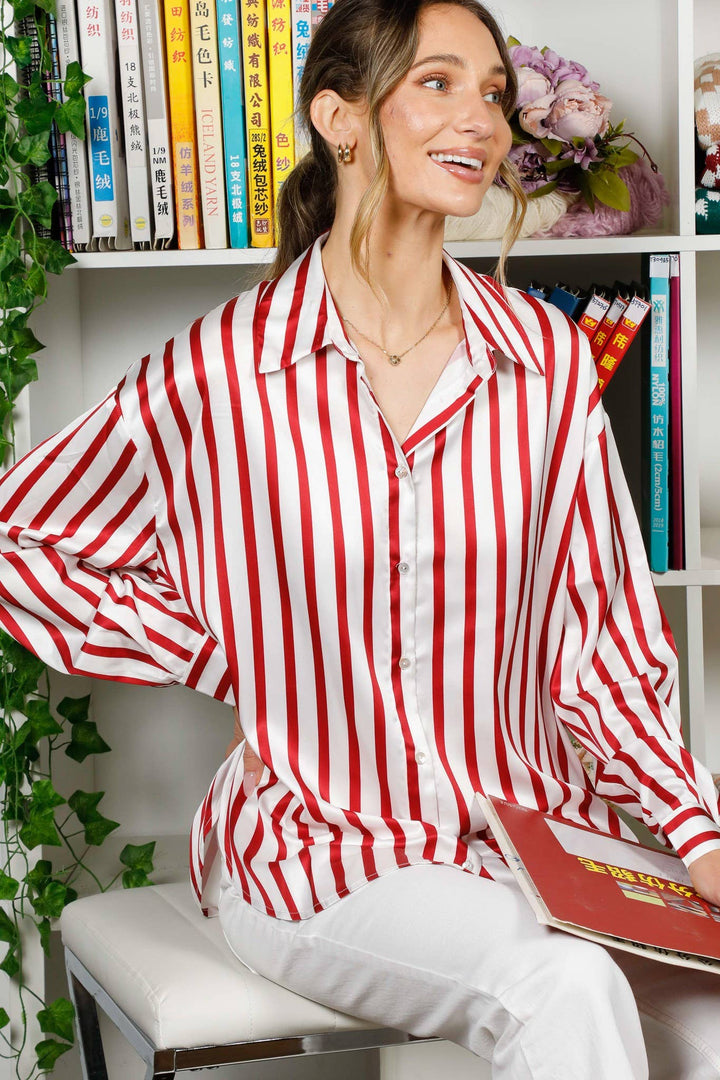 Collard Vertical Stripe Printed Satin Blouse Top
