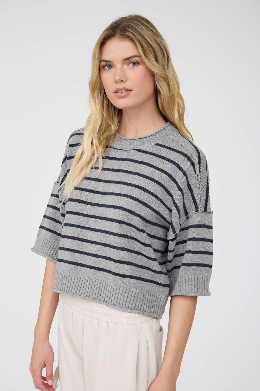 STRIPE RAW EDGE DROP SHOULDER SHORT SLEEVE SWEATER