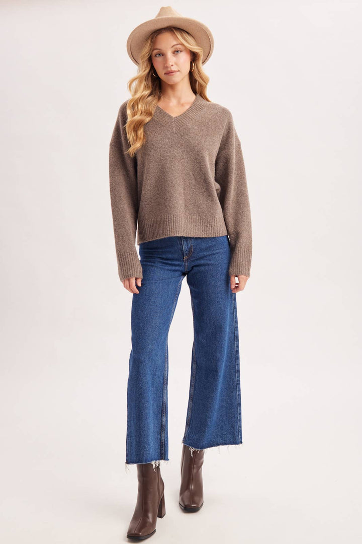 V-NECK FUZZY KNIT SWEATER