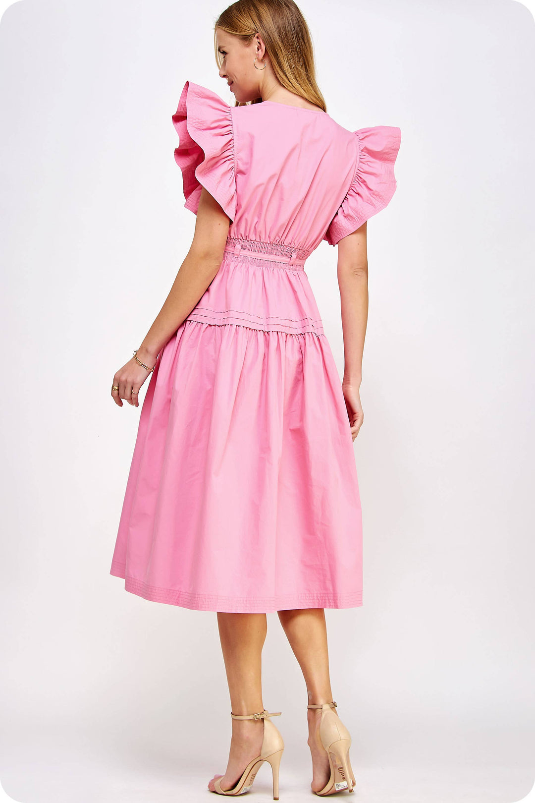Chambray Flutter Sleeve Poplin Midi Dress
