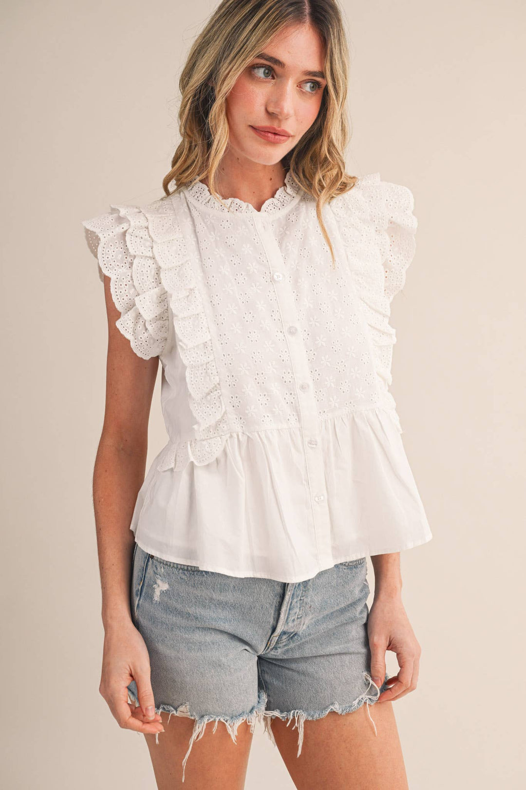 BLACK EYELET BUTTON DOWN PEPLUM TOP