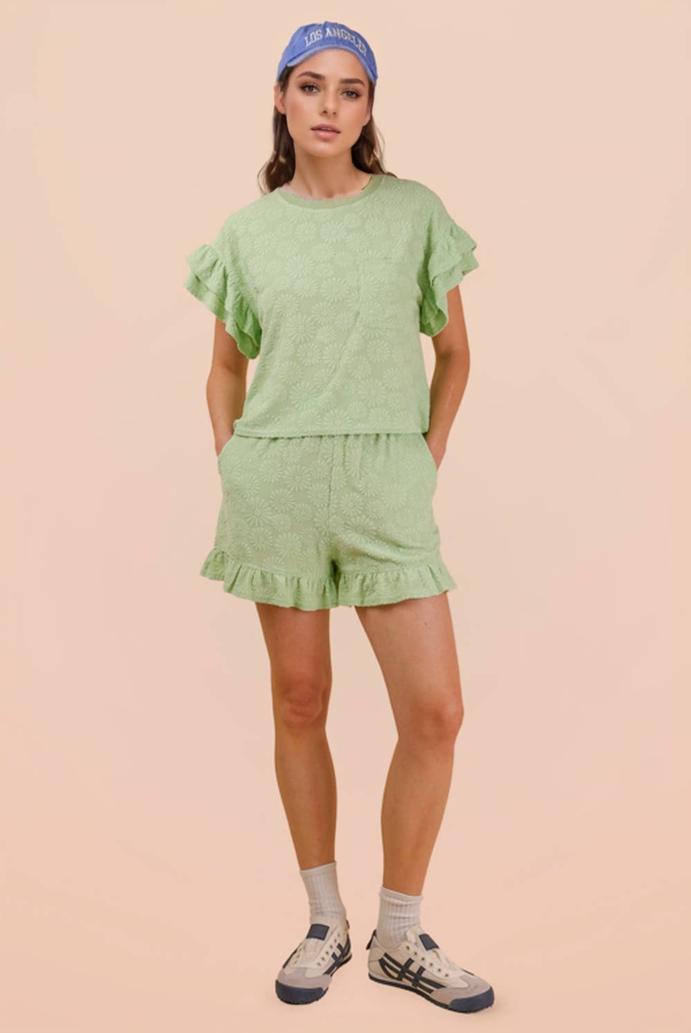 Floral Textured Ruffled Knit Top & Shorts Set