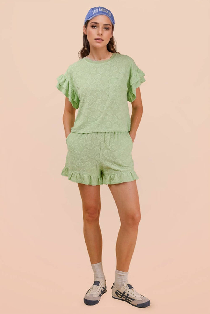Floral Textured Ruffled Knit Top & Shorts Set