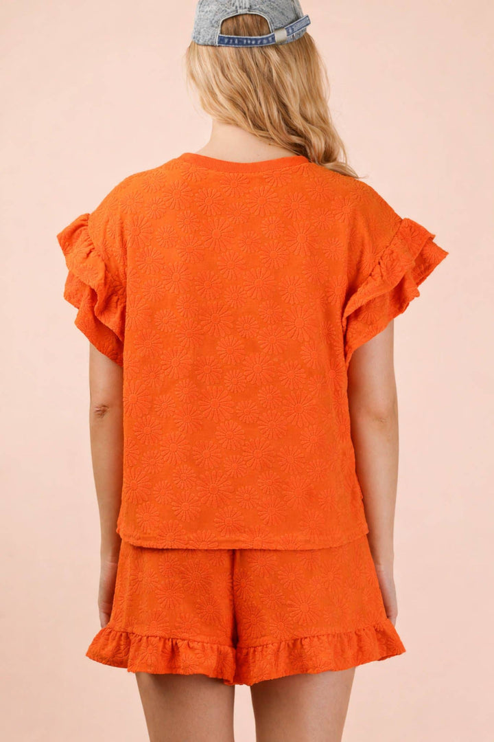 Floral Textured Ruffled Knit Top & Shorts Set