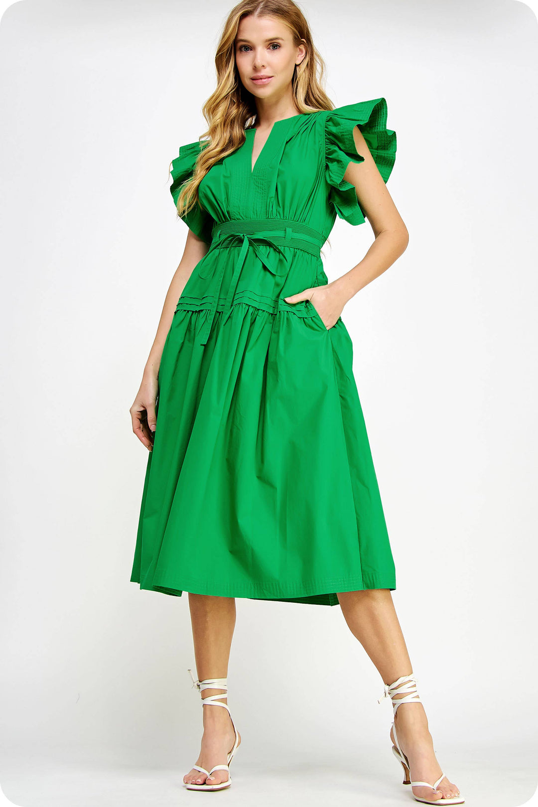 Chambray Flutter Sleeve Poplin Midi Dress