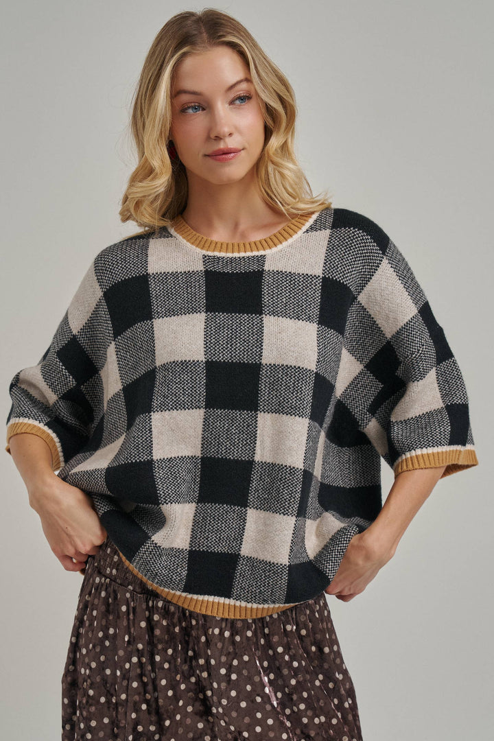 FALL CHECKERED GINGHAM DROP SHOULDER SWEATER TOP