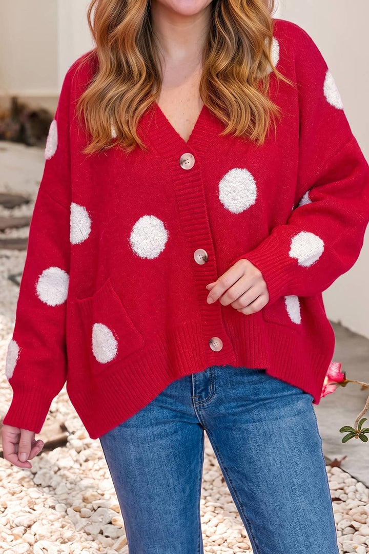 Polka Dot Button Front Oversized V Neck Cardigan