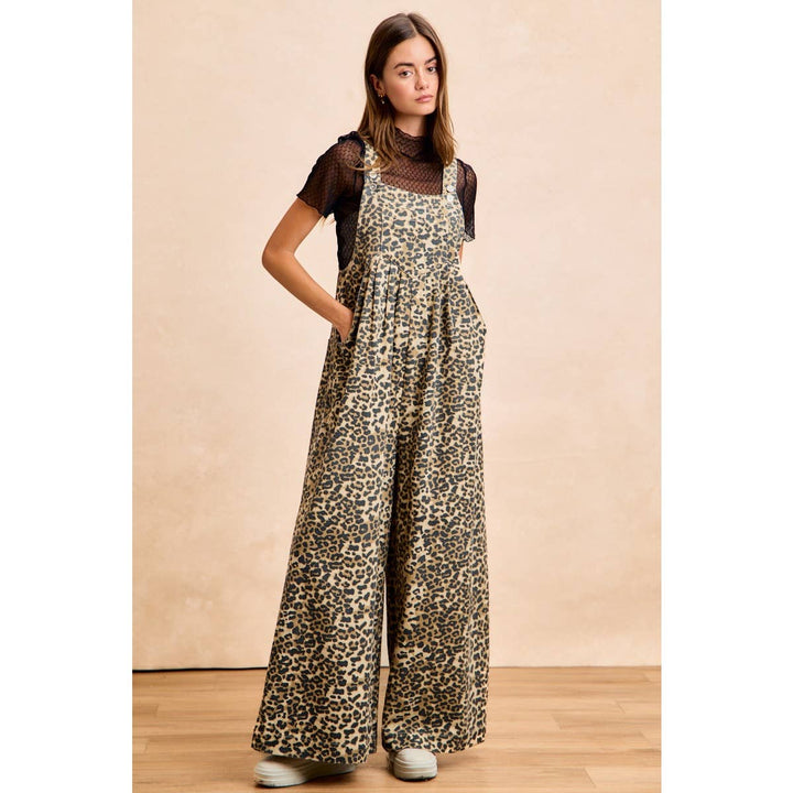 COTTON TWILL LEOPARD PRINT WIDE LEG OVERALLS