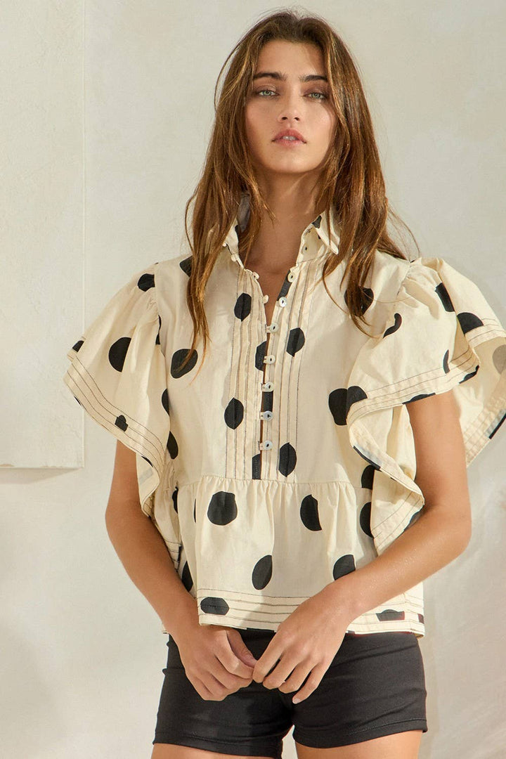 Ruffle Sleeves Pintuck Detail Polka Dot Print top up
