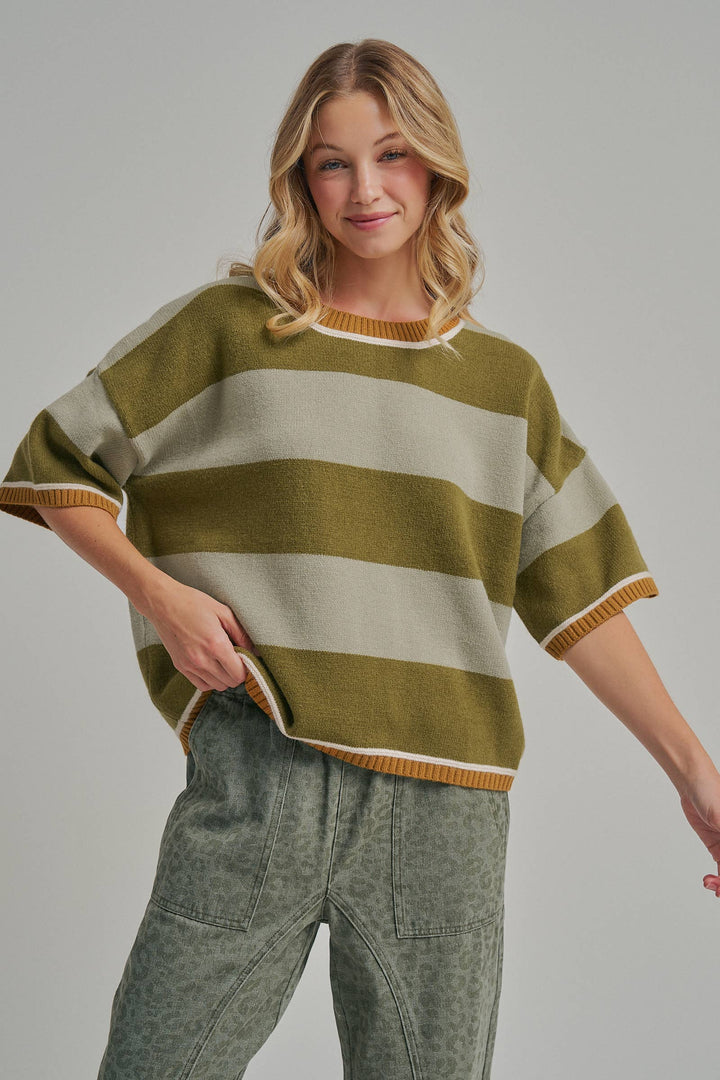 WIDE STRIPE LOOSE FIT DROP SHOULDER SWEATER TOP