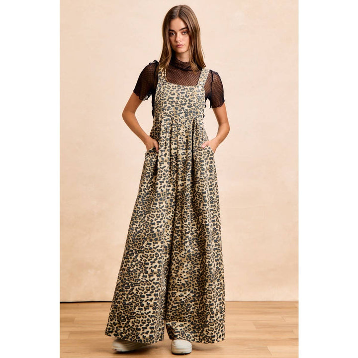 COTTON TWILL LEOPARD PRINT WIDE LEG OVERALLS