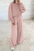 Pink Puff Sleeve Crop Pullover Drawstring Wide Leg Pants Set