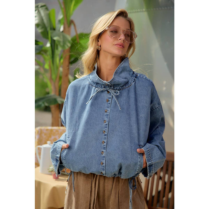 LIGHTWEIGHT WASHED DENIM DRAWSTRING HEM JACKET