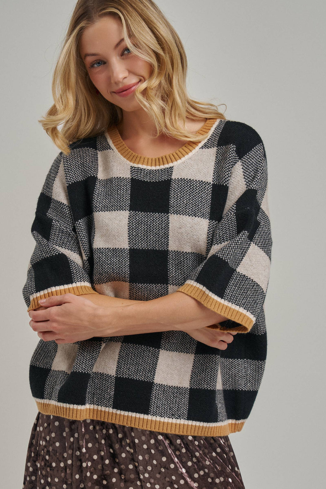 FALL CHECKERED GINGHAM DROP SHOULDER SWEATER TOP