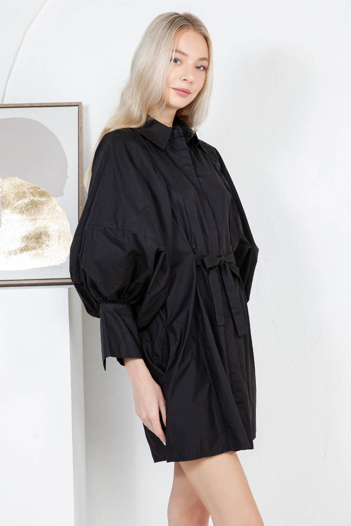 Balloon Sleeve Tie-Waist Mini Shirt Dress  PINK