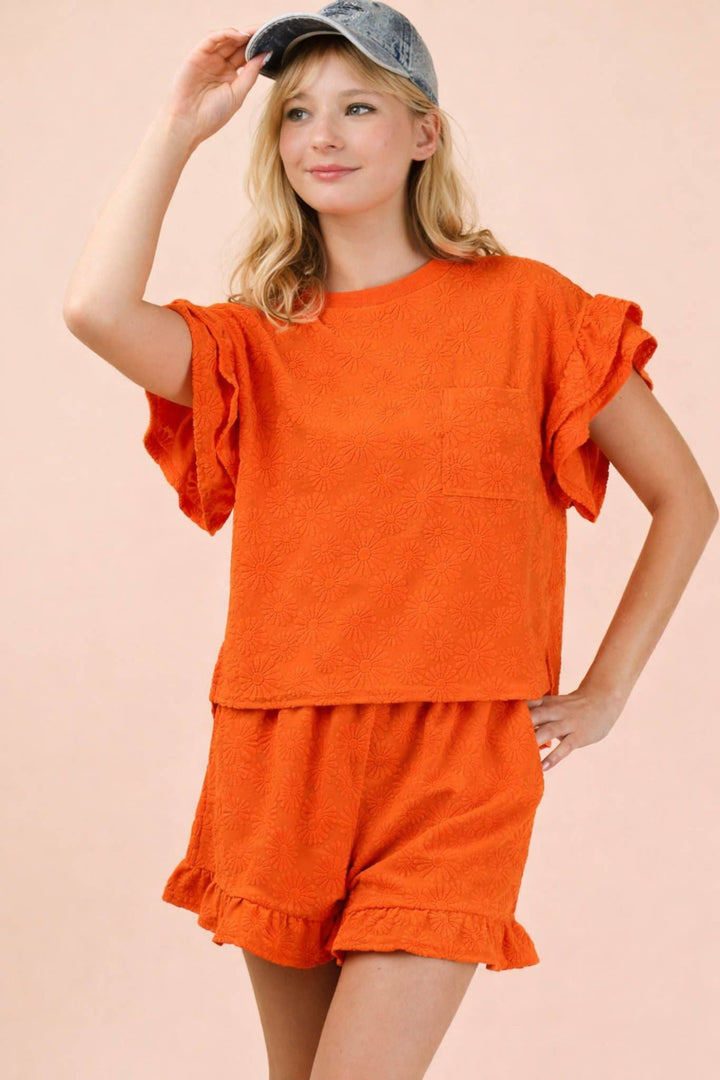 Floral Textured Ruffled Knit Top & Shorts Set