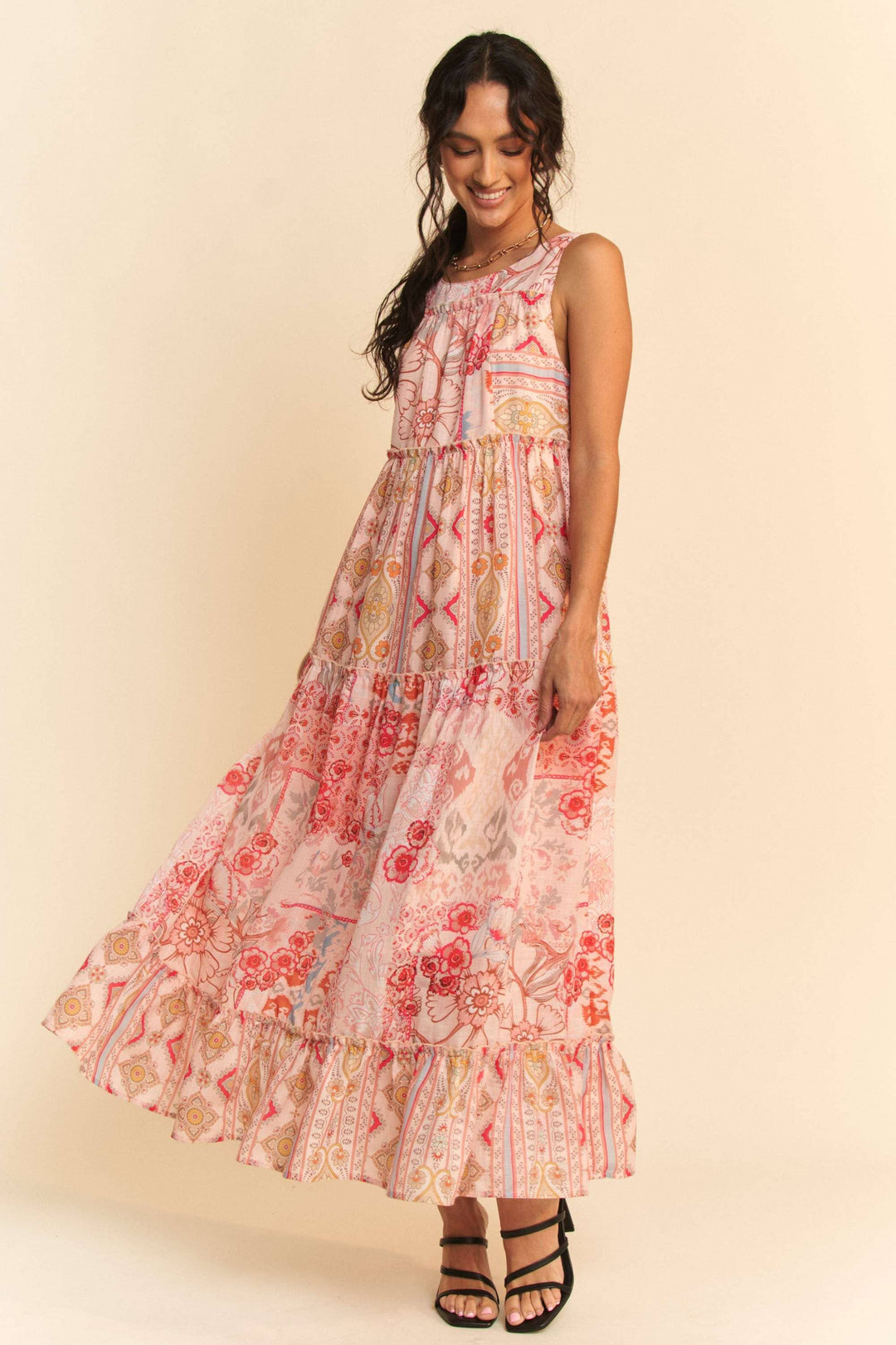 GEO FLORAL MIX SLEEVELESS TIRERED MAXI DRESS