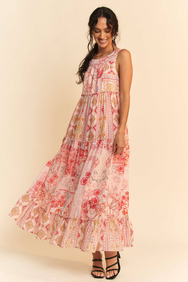 GEO FLORAL MIX SLEEVELESS TIRERED MAXI DRESS